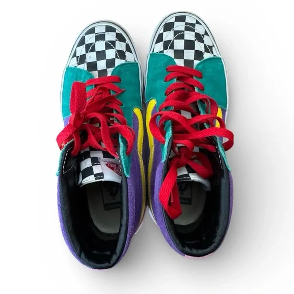 Vans Sk8 Hi Top Shoes Custom 90s Theme Checkered Multicolor Skater Punk M6.5 W8 - Picture 5 of 8